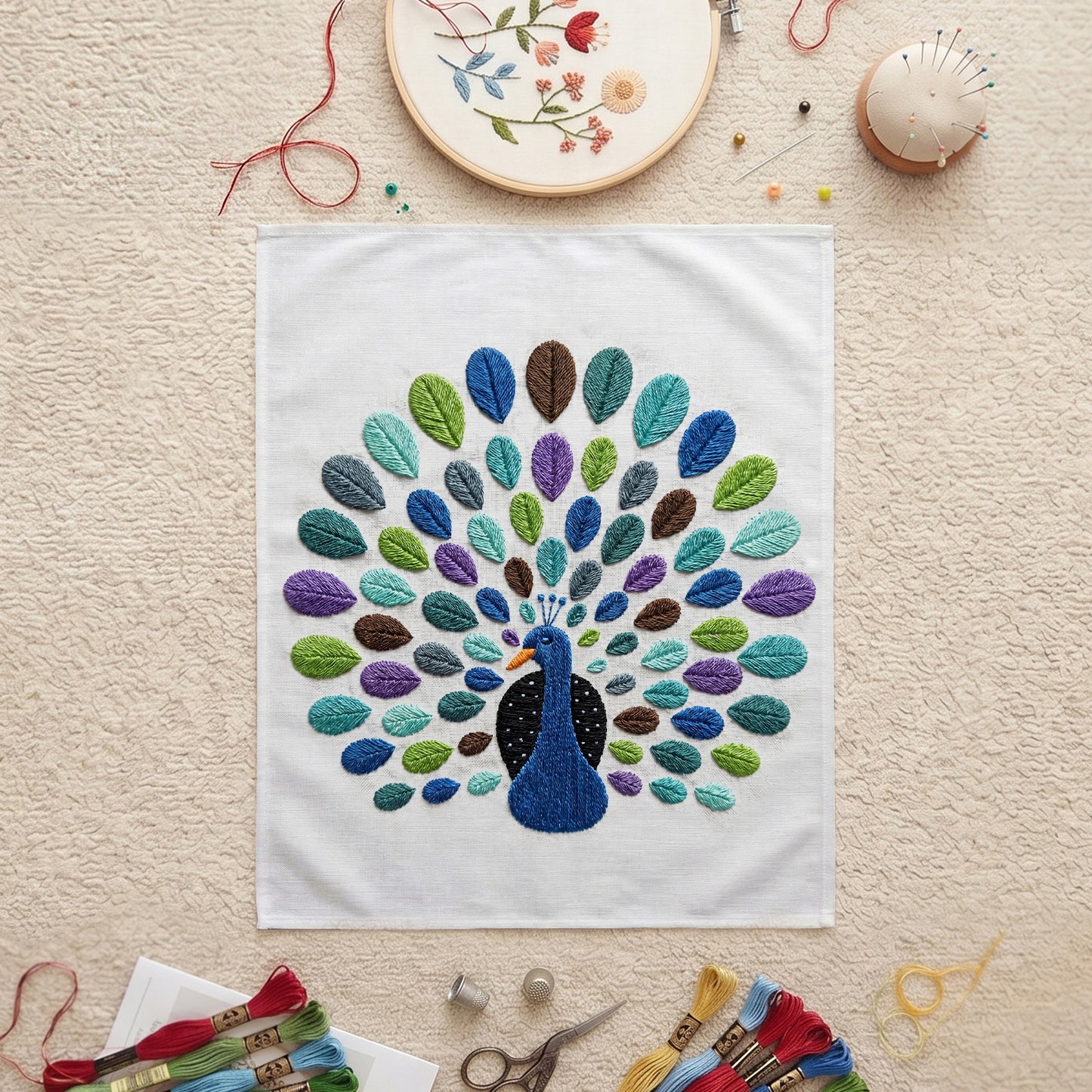 Decorative embroidered peacock wall art for living rooms and bedrooms in Dubai and Abu Dhabi.