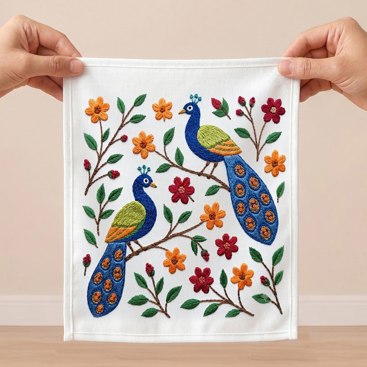 Colorful embroidered peacock wall art featuring two blue peacocks and floral branches on a white textile background.