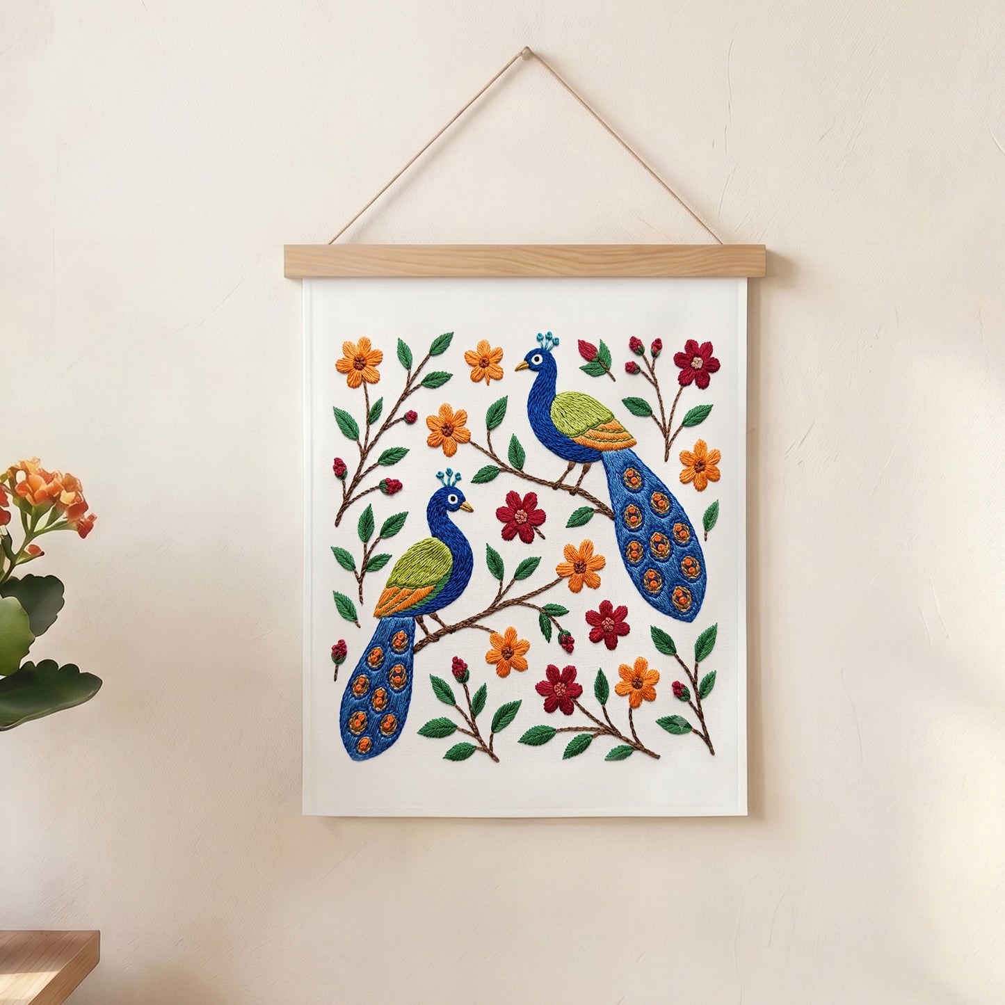 Handmade peacock and flower embroidery wall hanging for living room and bedroom décor in UAE.