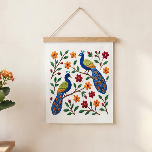 Handmade peacock and flower embroidery wall hanging for living room and bedroom décor in UAE.
