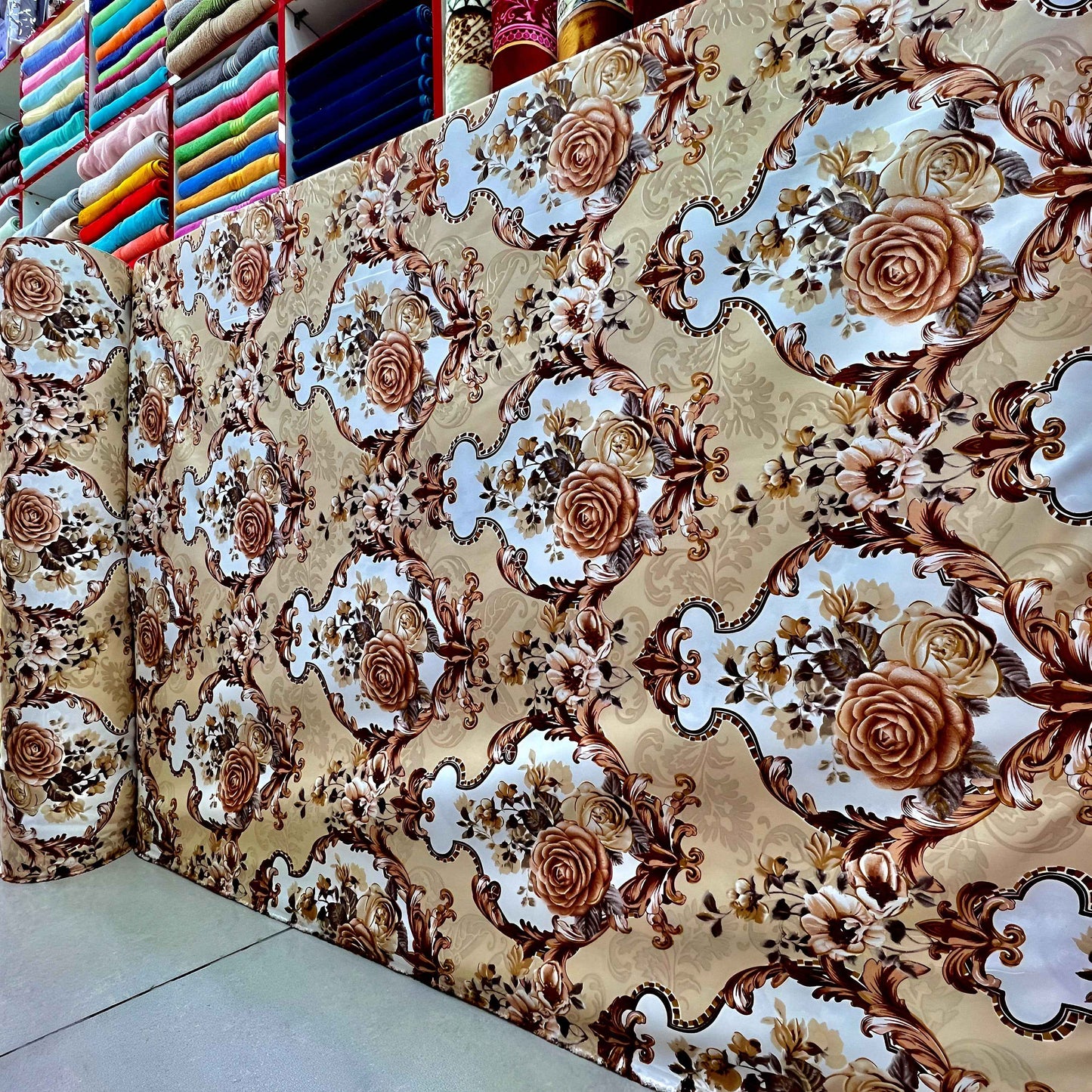 Luxury Beige Floral Bedsheet Roll Wholesale | Soft Cotton Fabric UAE