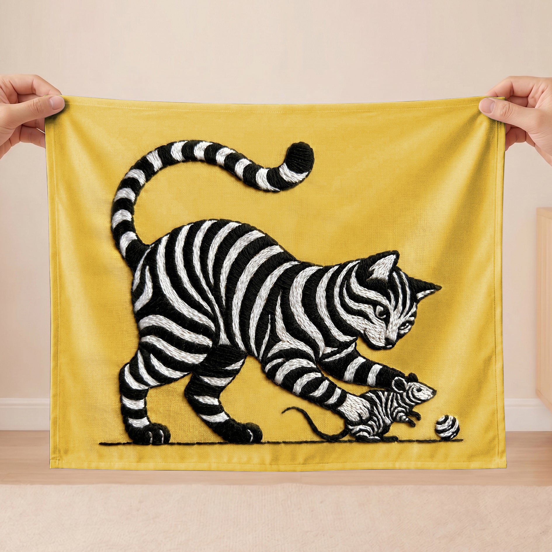 Zebra-striped cat embroidered wall art on yellow fabric background for modern home décor.