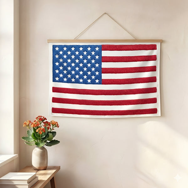 American flag embroidered wall art hanging on wall