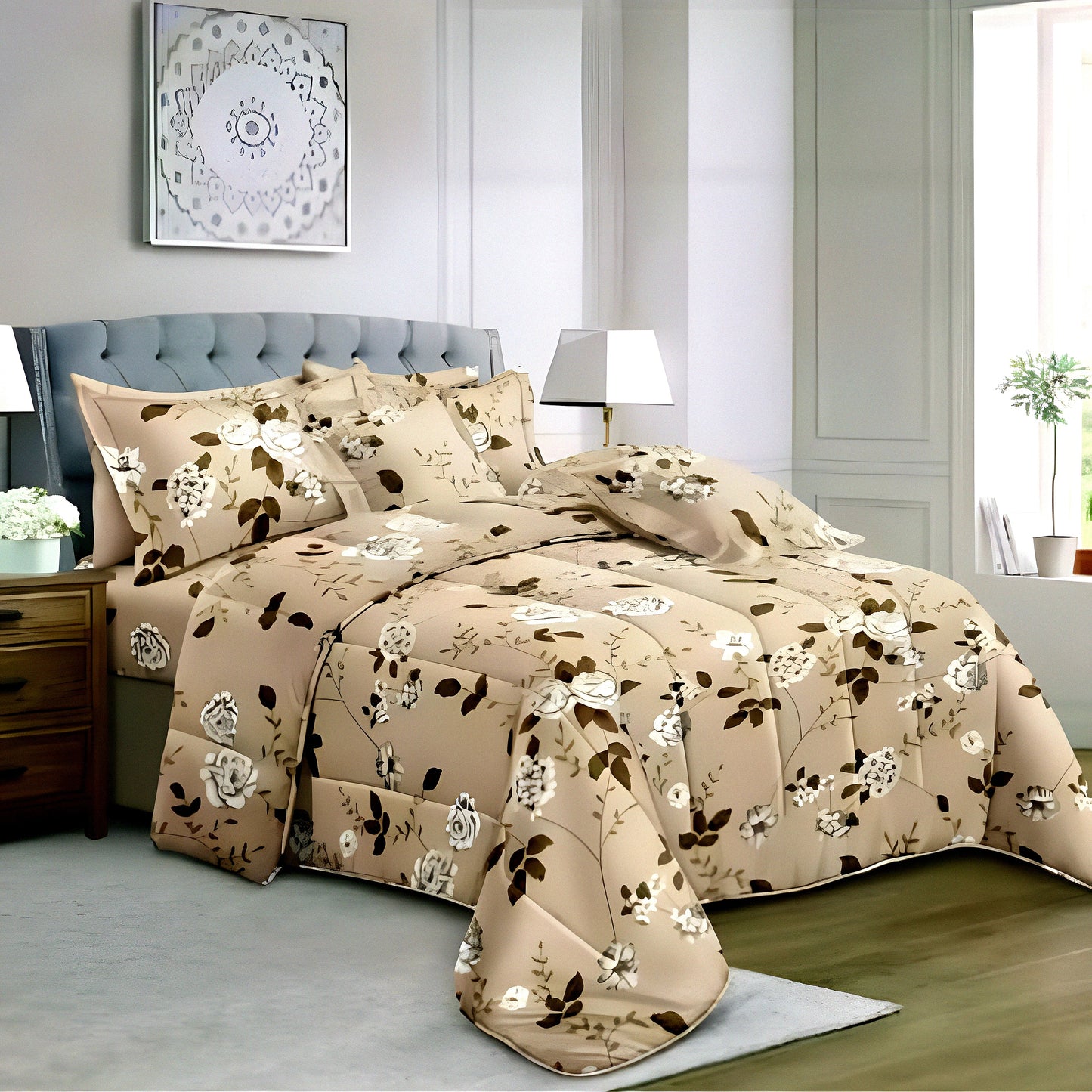 Beige floral premium bedsheet set for modern UAE bedrooms