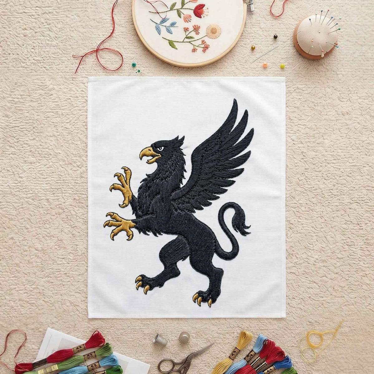 Black Gold Griffin Embroidered Textile Wall Art UAE | Luxury Heraldic Wall Decor Dubai