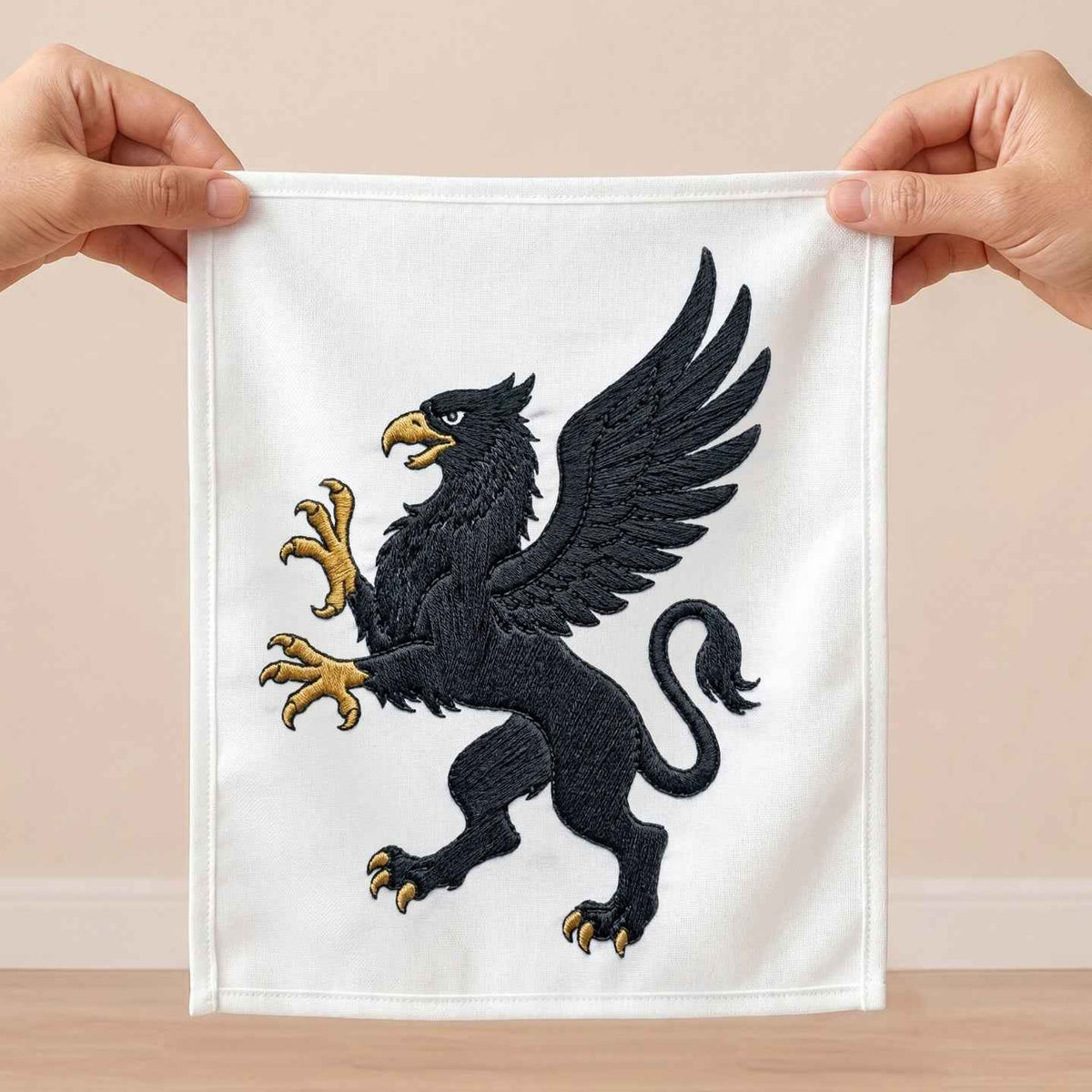 Black Gold Griffin Embroidered Textile Wall Art UAE | Luxury Heraldic Wall Decor Dubai