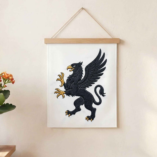 Black Gold Griffin Embroidered Textile Wall Art UAE | Luxury Heraldic Wall Decor Dubai