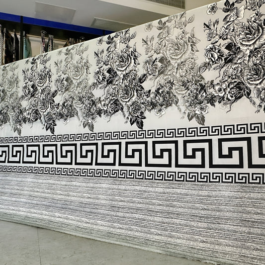 Black and white floral bedsheet with Greek key border luxury design