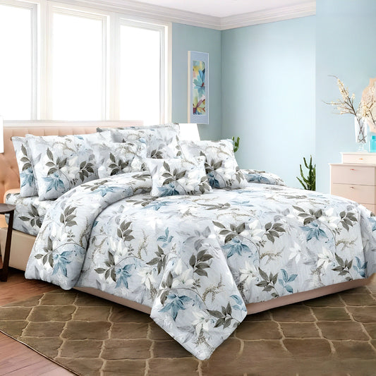 Blue floral bedsheet set on a stylish bed — طقم ملاية زهرية زرقاء أنيقة لغرفة نوم في الإمارات