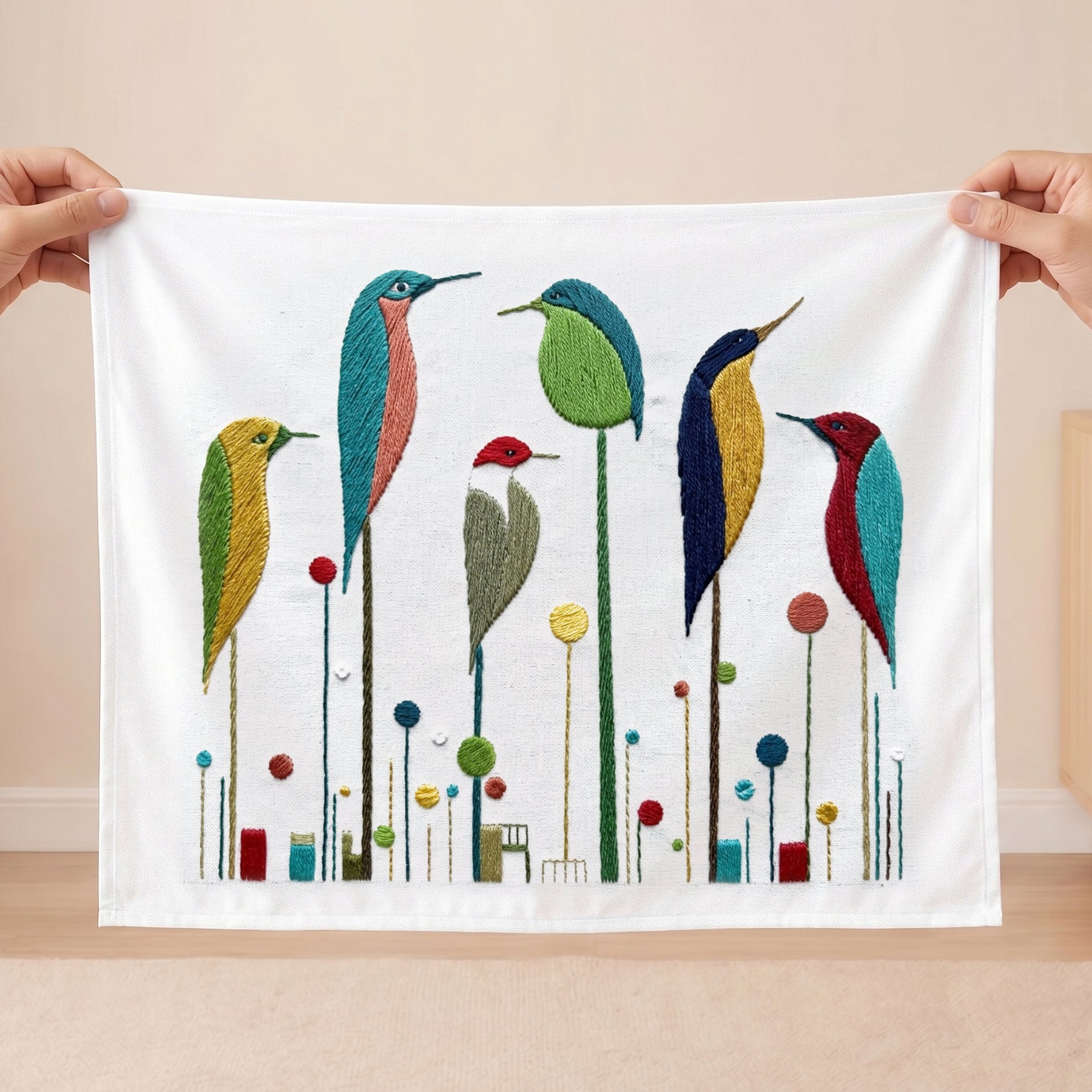 Colorful embroidered birds textile wall art for modern home decor UAE