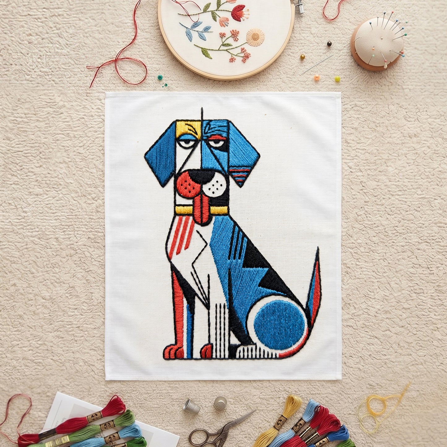 Abstract colorful dog textile artwork for contemporary home décor.