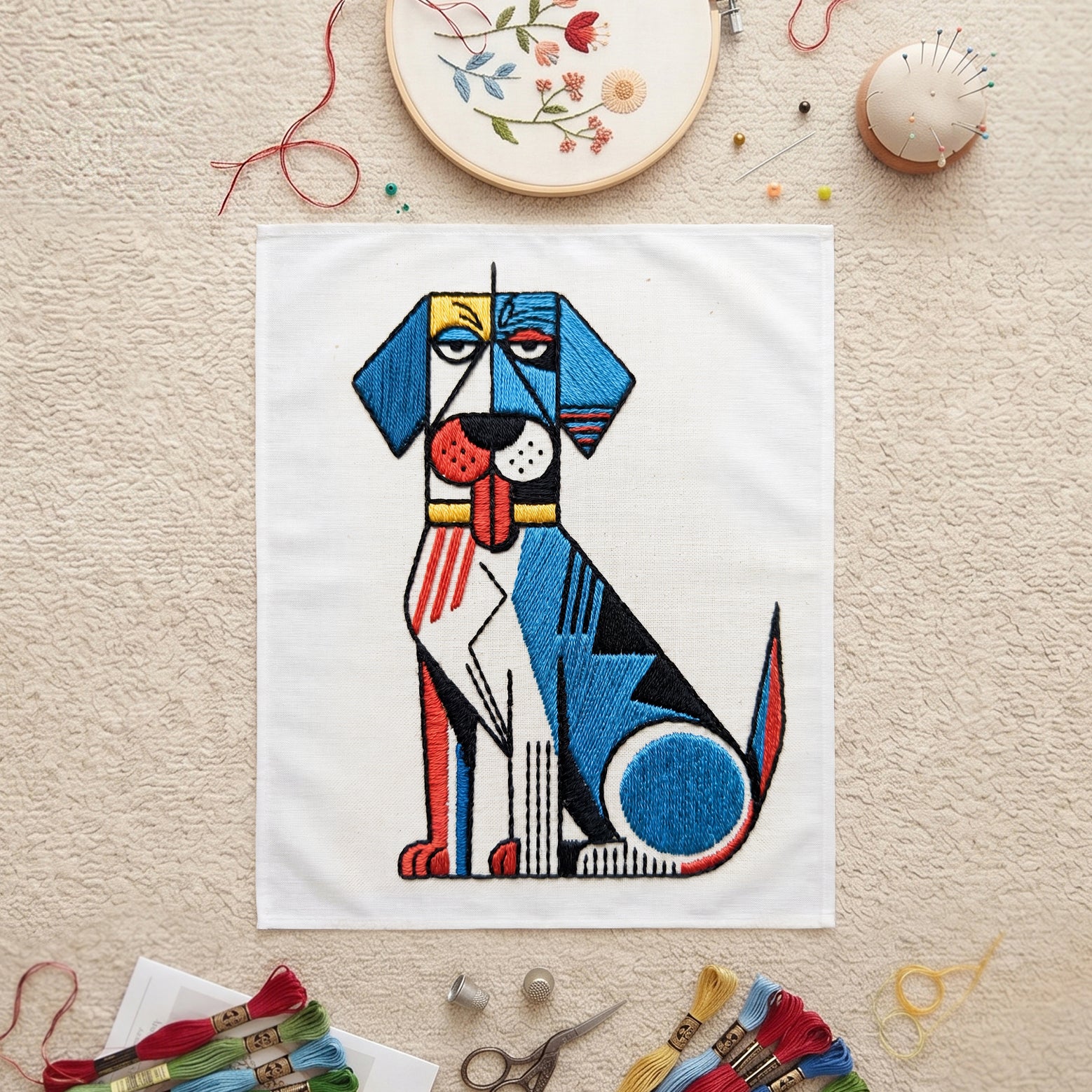 Abstract colorful dog textile artwork for contemporary home décor.