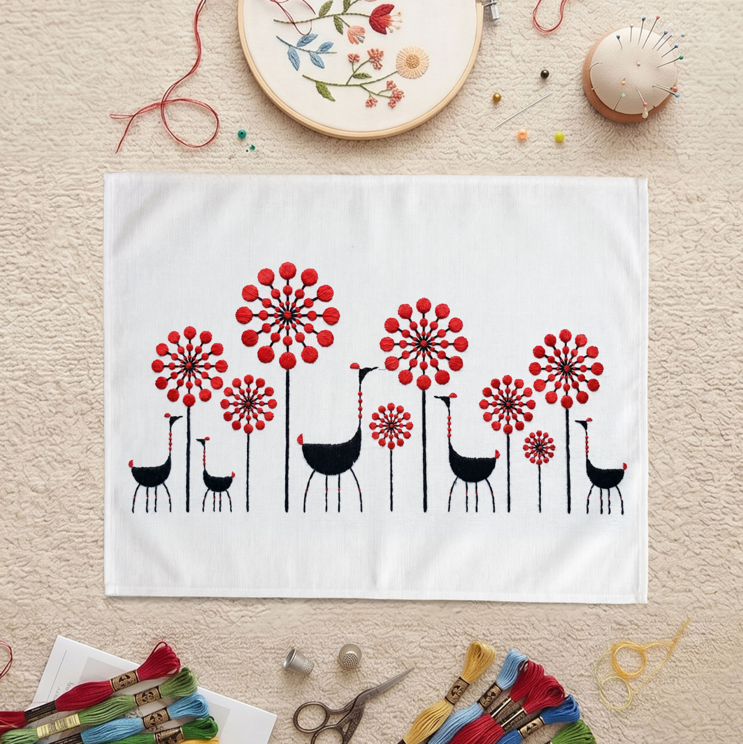 Red floral embroidered wall art with black birds hanging on a white fabric canvas.