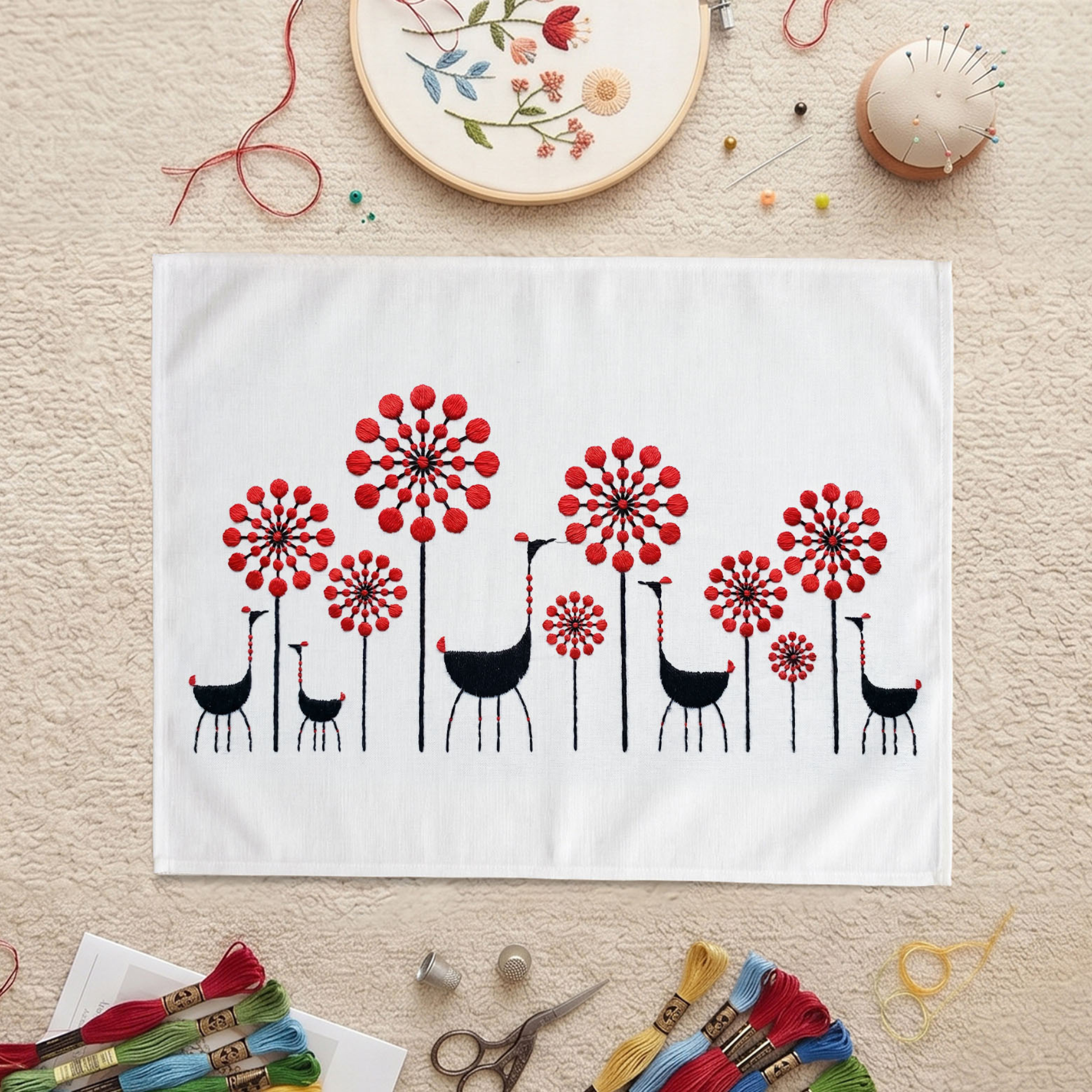 Red floral embroidered wall art with black birds hanging on a white fabric canvas.