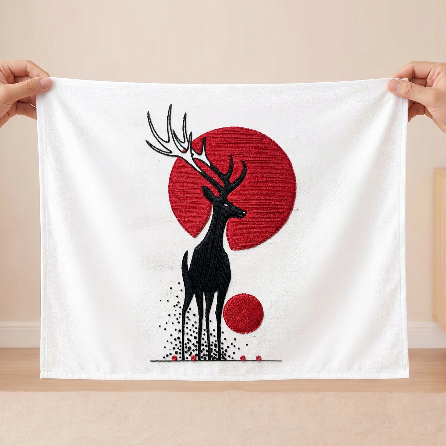 Modern wildlife textile wall hanging featuring elegant deer silhouette embroidery