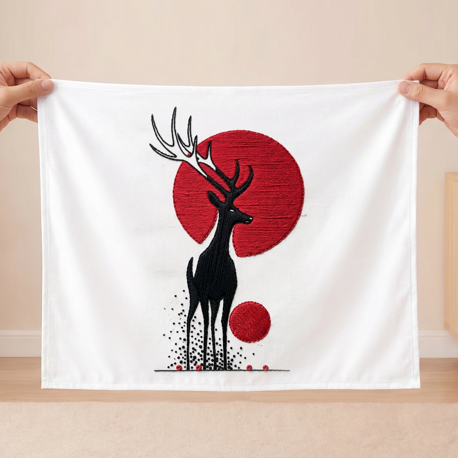 Modern wildlife textile wall hanging featuring elegant deer silhouette embroidery