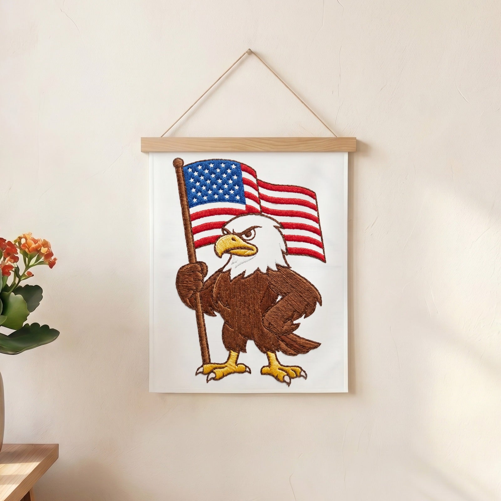 Embroidered eagle holding American flag wall art hanging