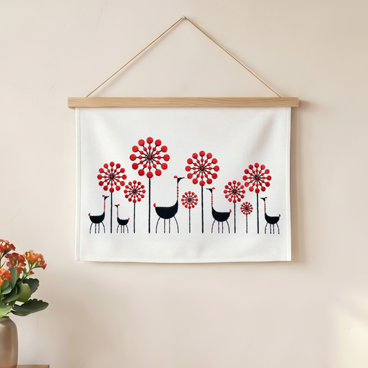 Modern textile wall hanging featuring embroidered flowers and birds for home decor.