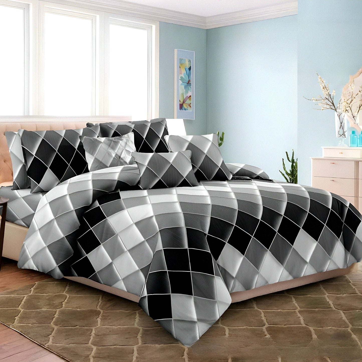 Luxury Black & Grey Geometric Bedsheet Set with Duvet Cover – Modern Bedding UAE