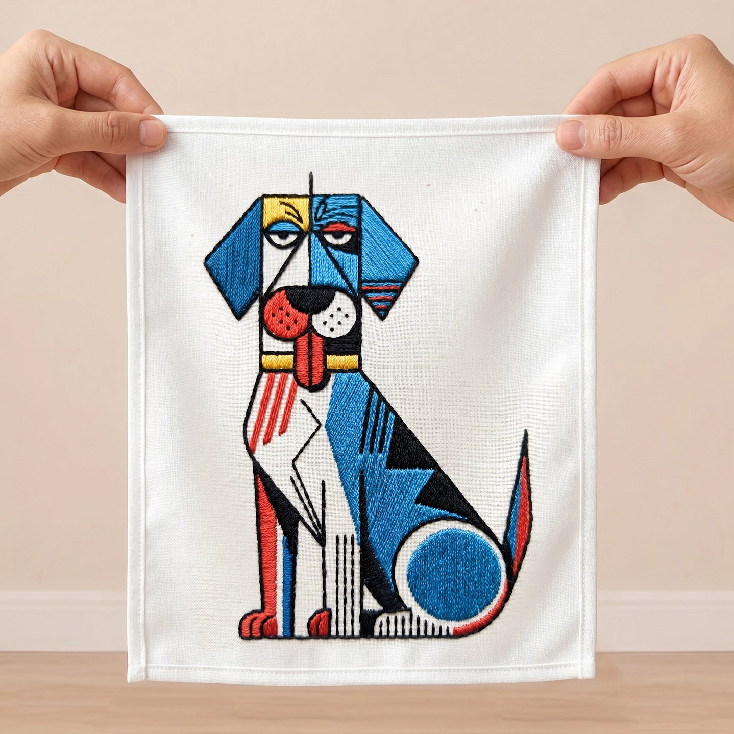 Modern geometric dog embroidery wall art on premium white fabric.