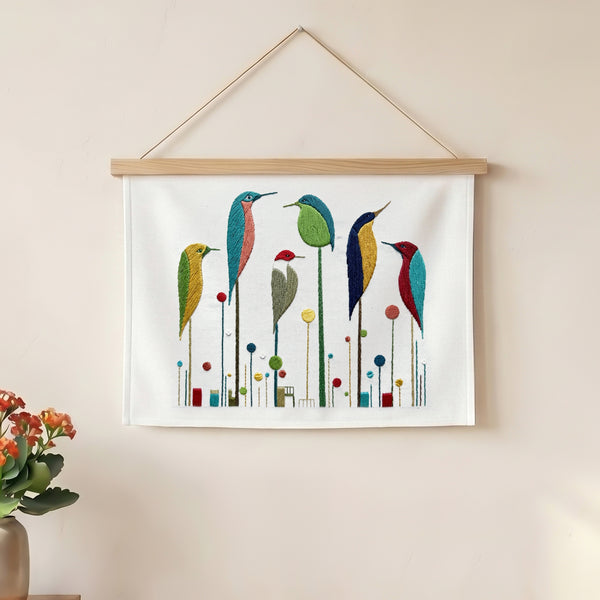 Colorful Embroidered Birds Wall Art – Handmade Textile Decor for Modern Homes - Julanar Home Decor