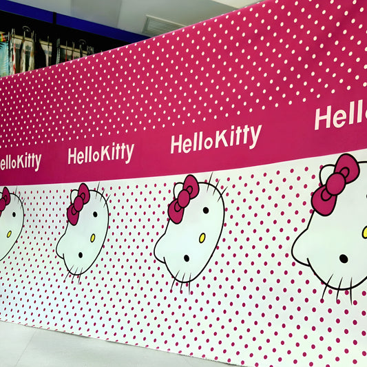Official Hello Kitty pink mixed-cotton bedsheet roll displayed for wholesale buyers — available Single to King.