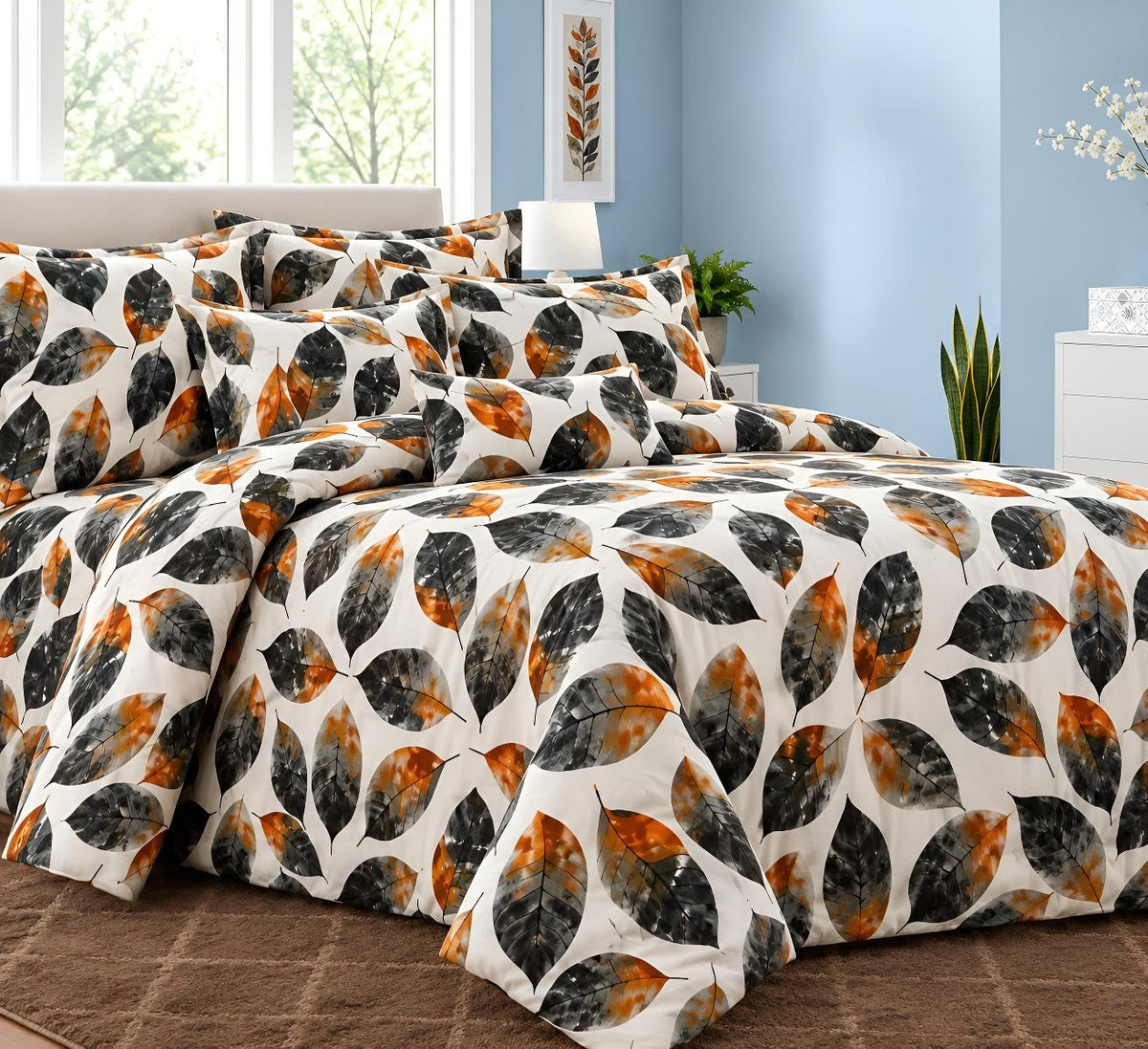 Dubai Cotton Bedding Set - Luxury Grey Palm Leaf Printed Set