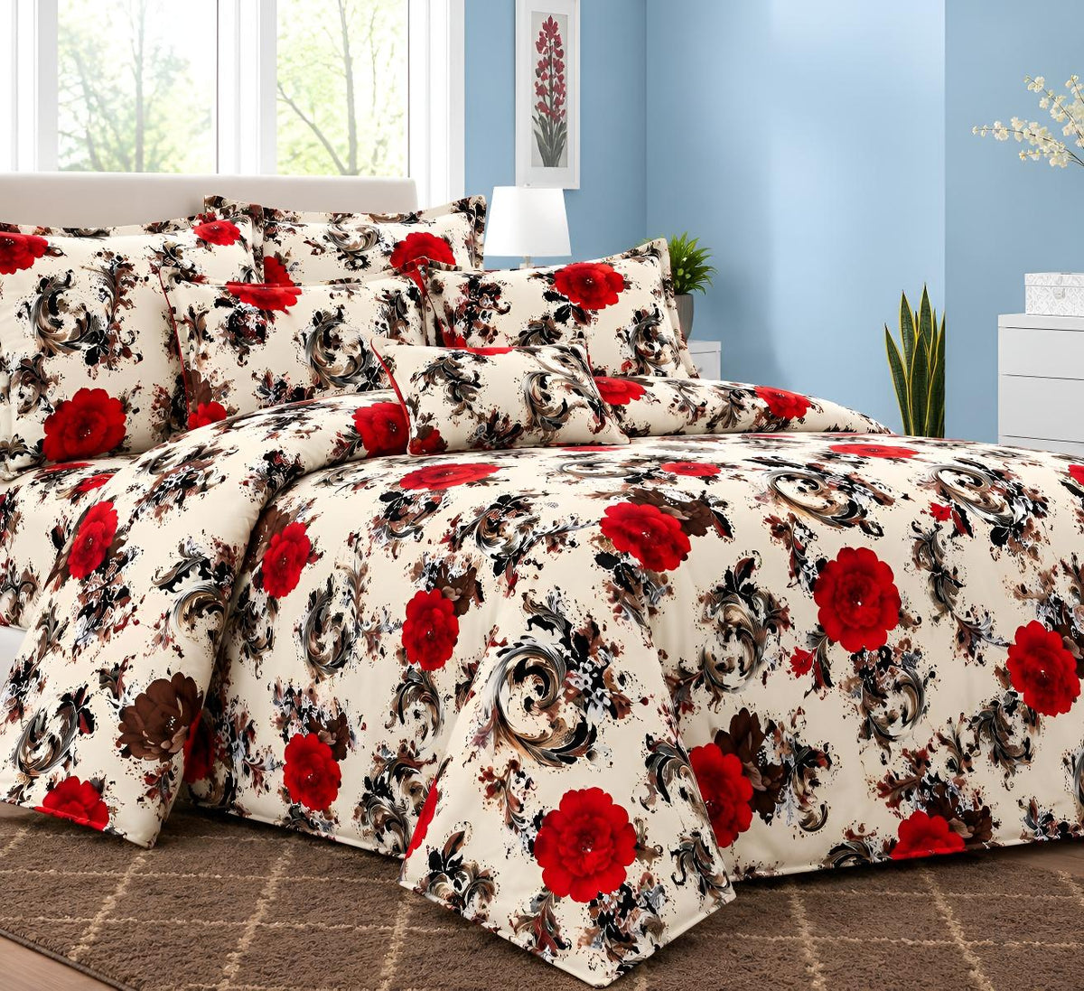 Dubai Cotton Bedding Set - Luxury Grey Palm Leaf Printed Set