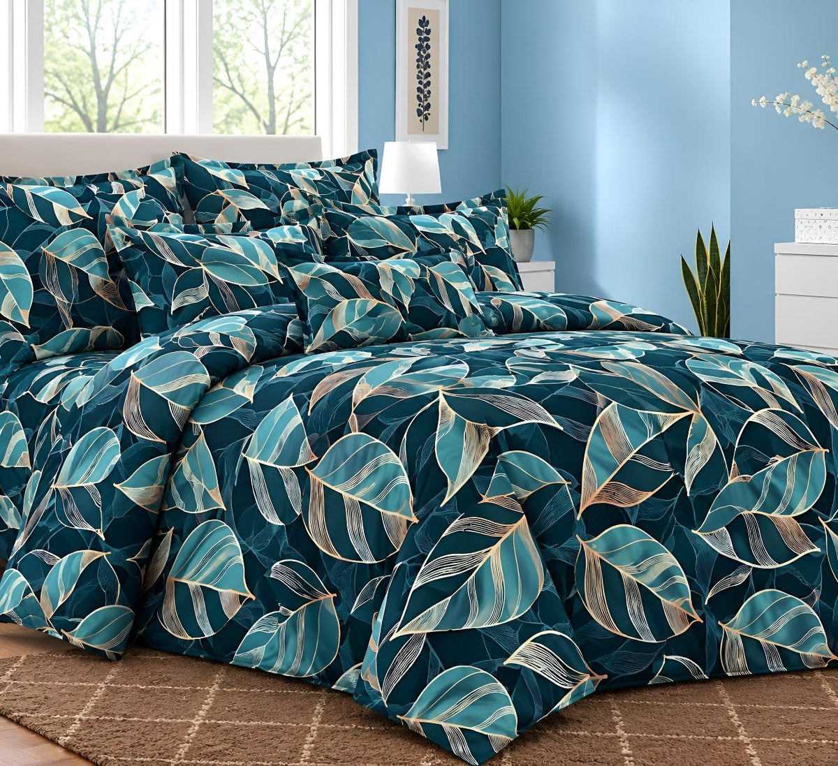 Dubai Cotton Bedding Set - Luxury Grey Palm Leaf Printed Set