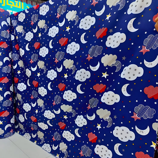 Cloud, star and moon print blue cotton bedsheet — soft, breathable & machine-washable.
