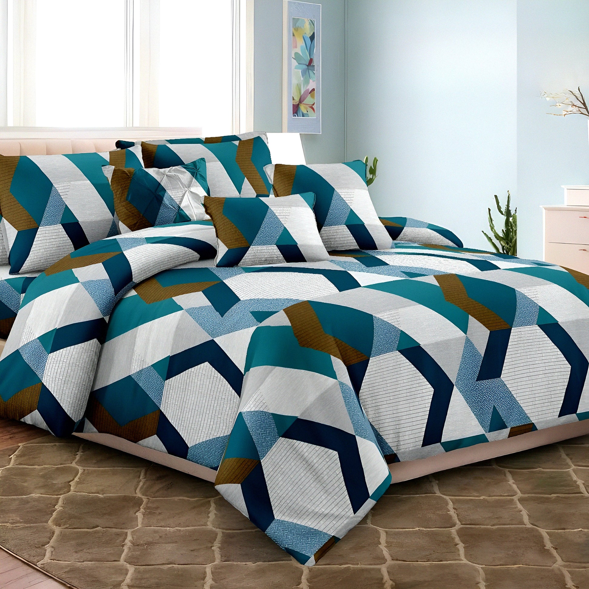Soft mix cotton bedsheet with abstract geometric print and pillow covers