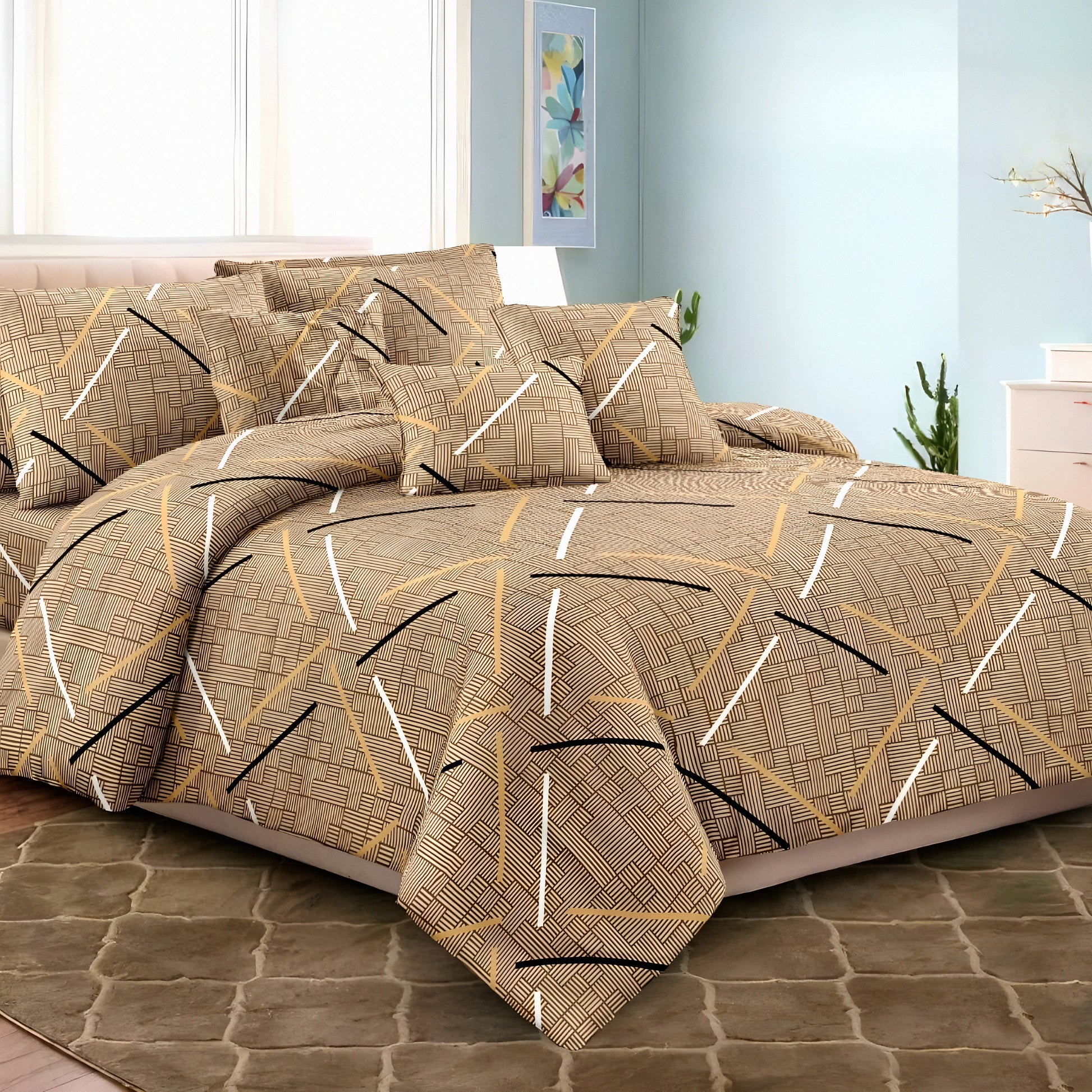 Luxury brown geometric printed cotton bedsheet set styled on a modern bedroom bed