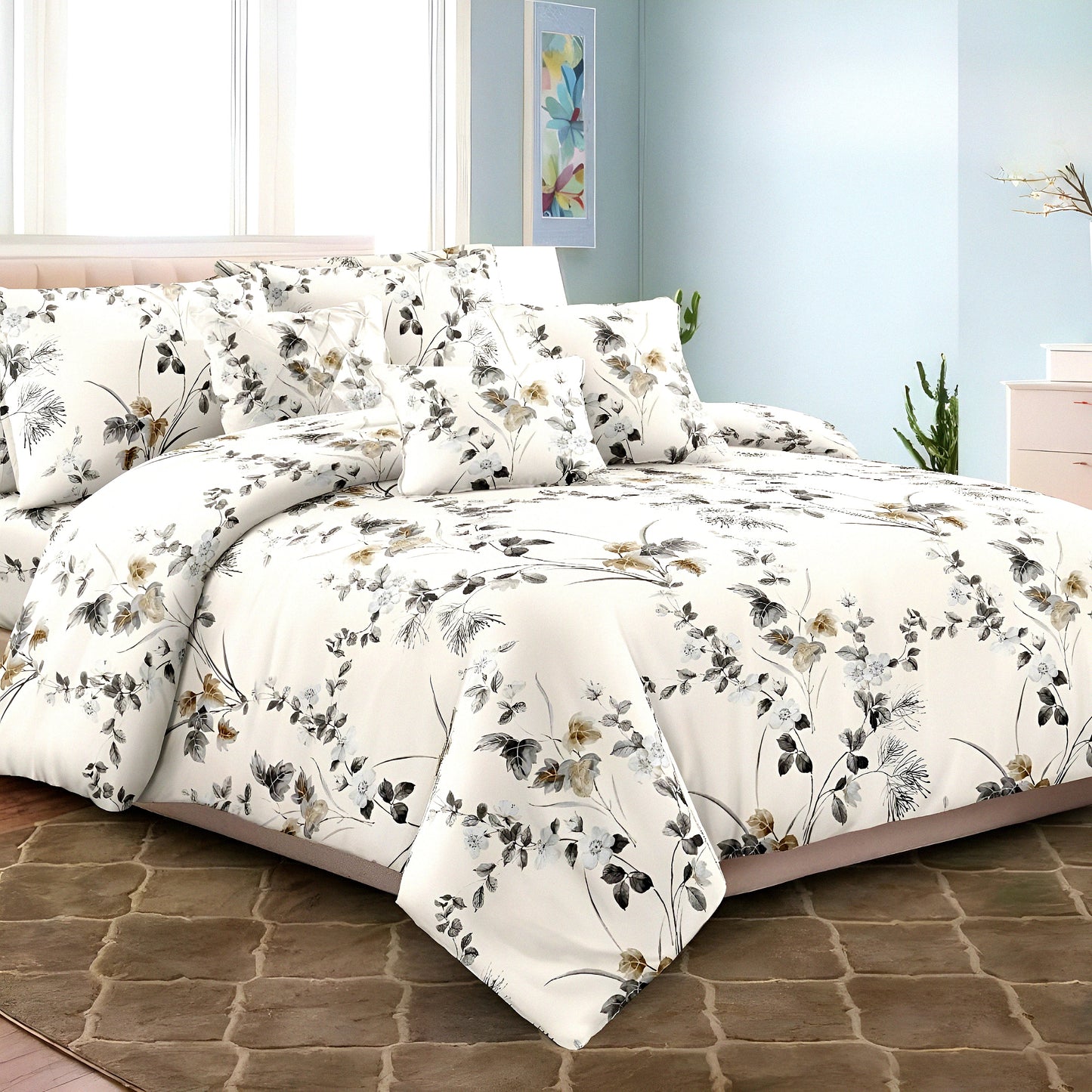 Elegant White Floral Mix Cotton Bedsheet Set – Soft Luxury Bedding with Pillow Covers