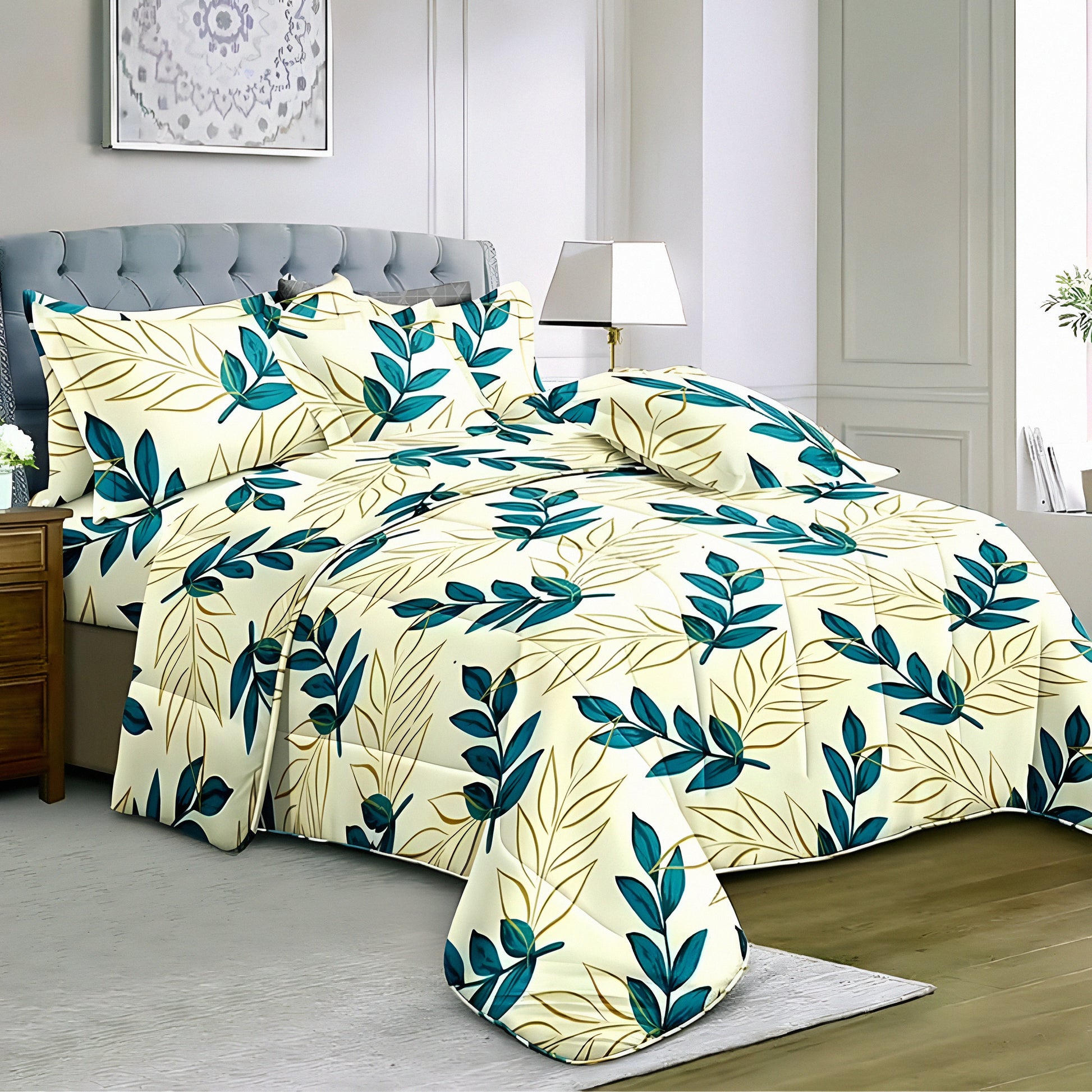 Bed with luxury green leaf patterned bedding in a bedroom setting