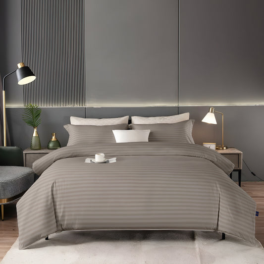 Luxury grey striped cotton bedsheet on modern bed