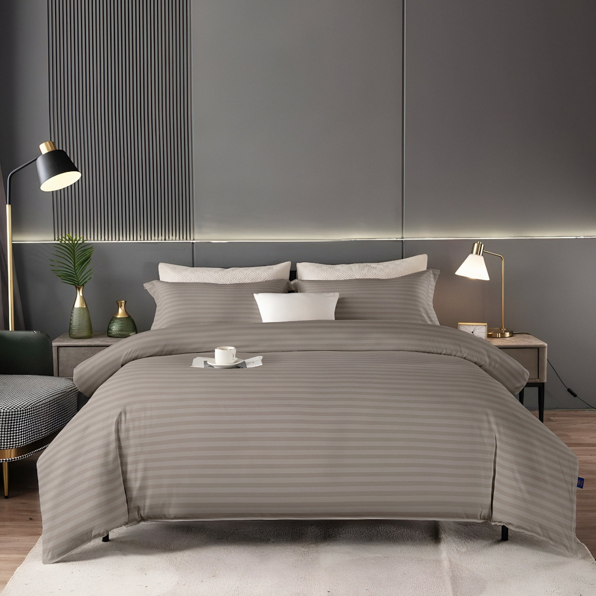 Premium stripe brownish grey bedsheet in uae for hotels and home decor