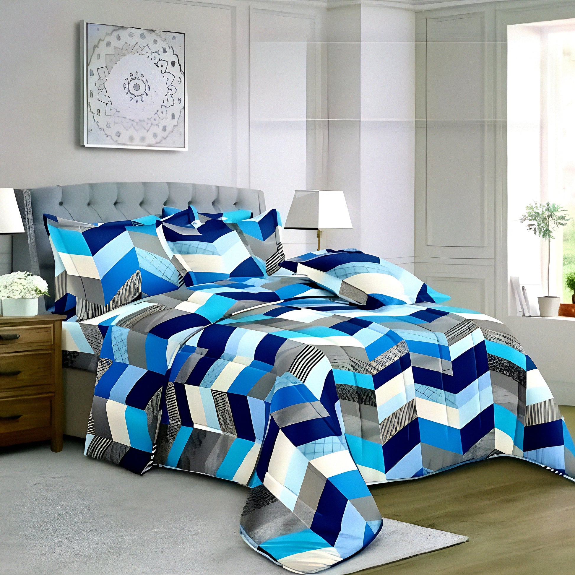 Styled bedroom shot: king-size blue bedsheet with matching pillowcases