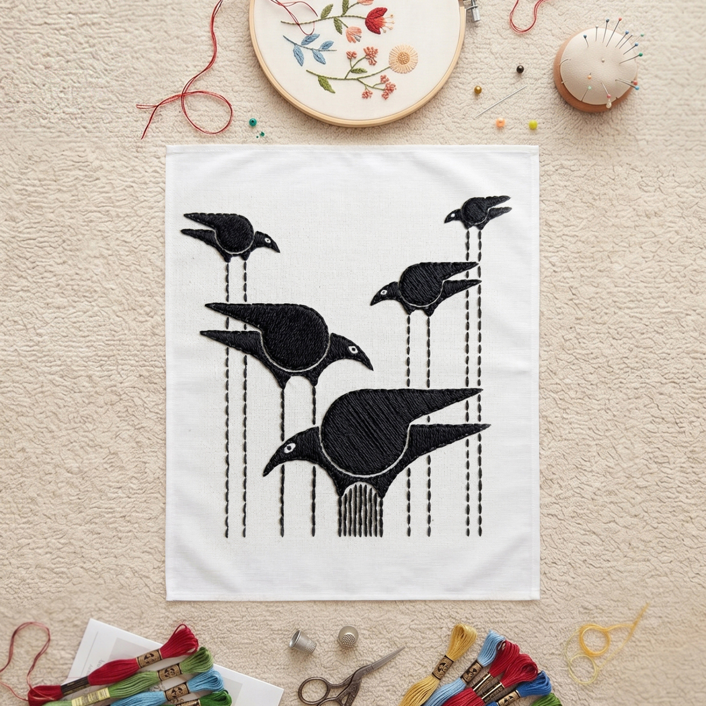 Contemporary embroidered bird artwork for living room and bedroom decoration.