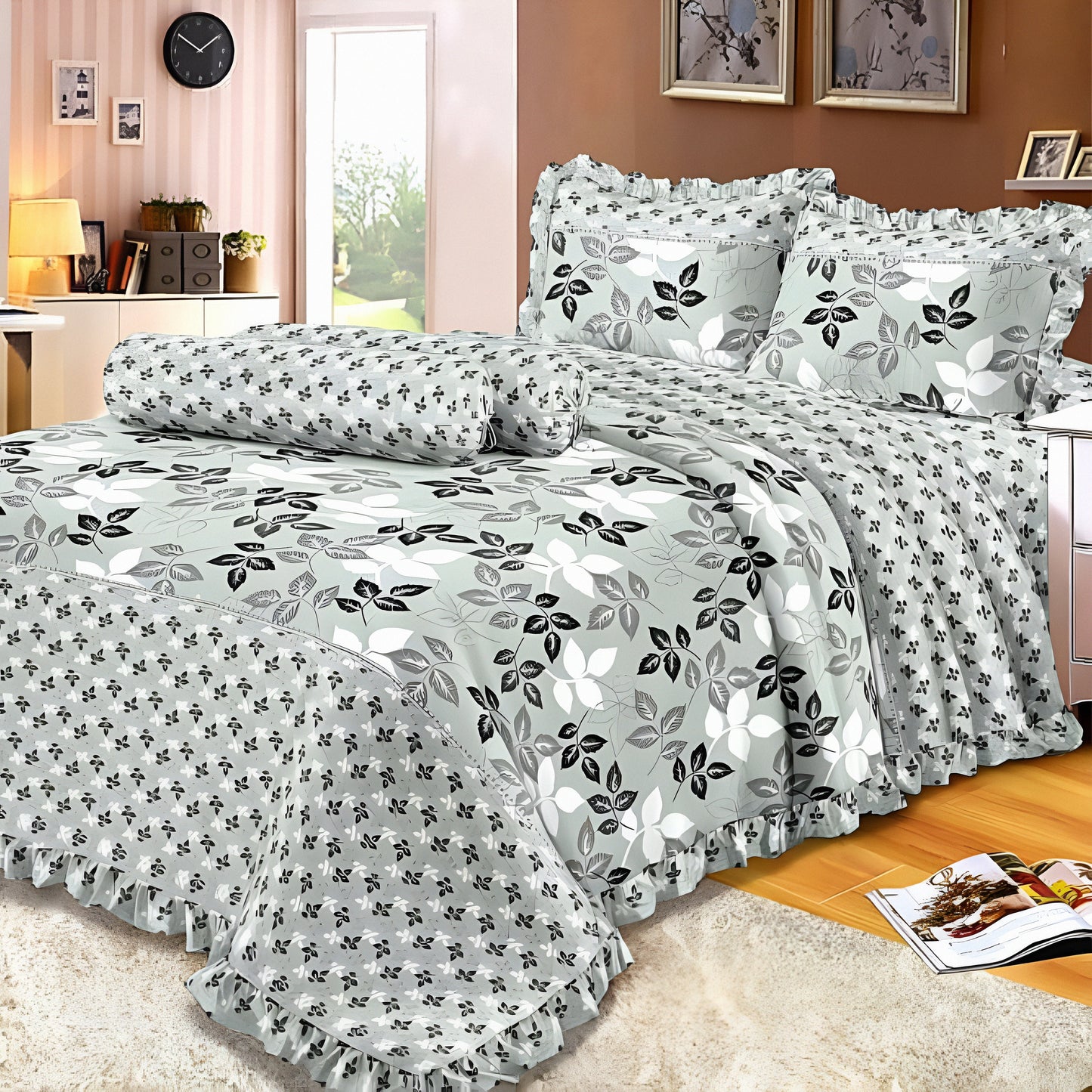 Mint floral bedsheet set with ruffle trim displayed on a styled bedroom bed