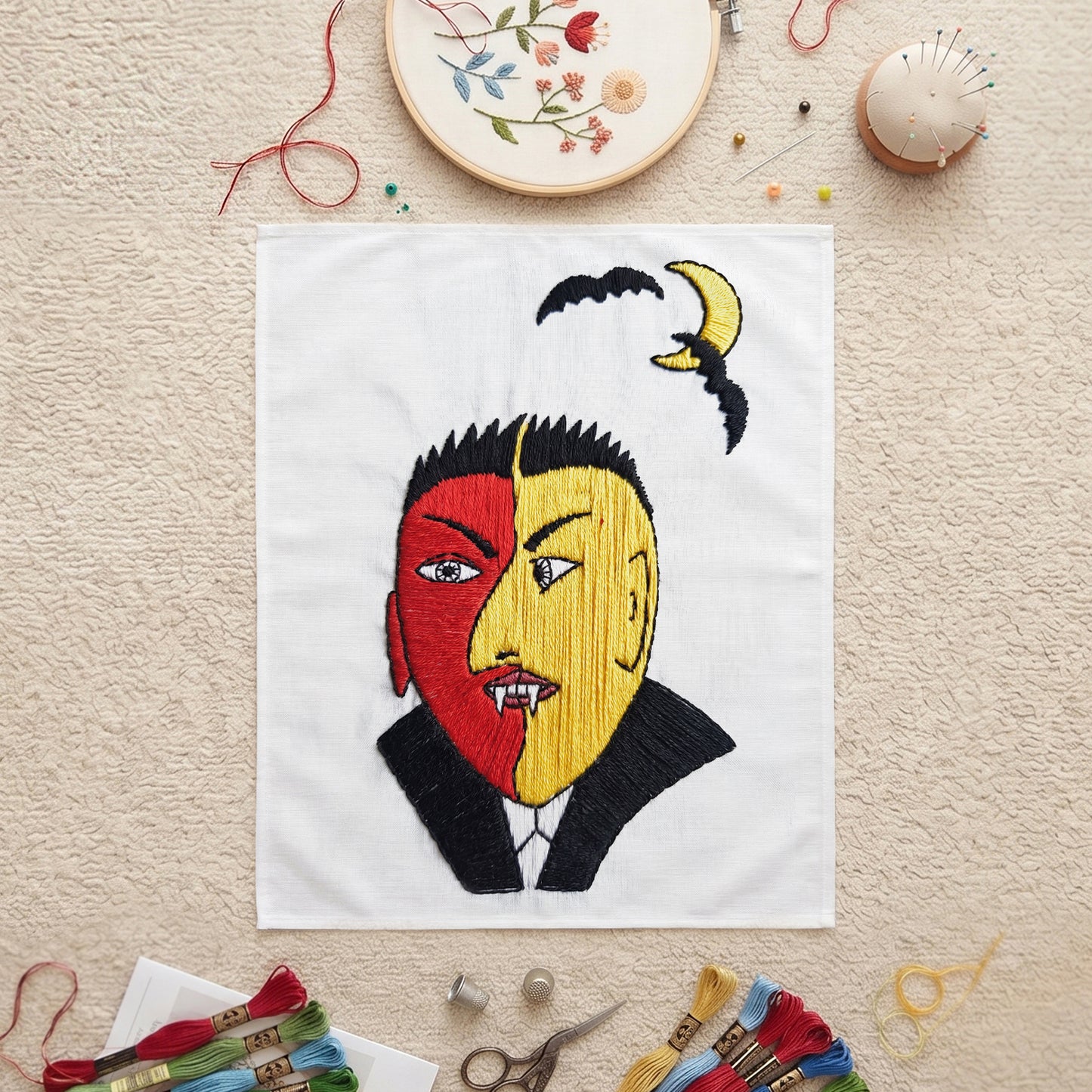 Gothic-inspired textile wall art featuring artistic embroidered portrait