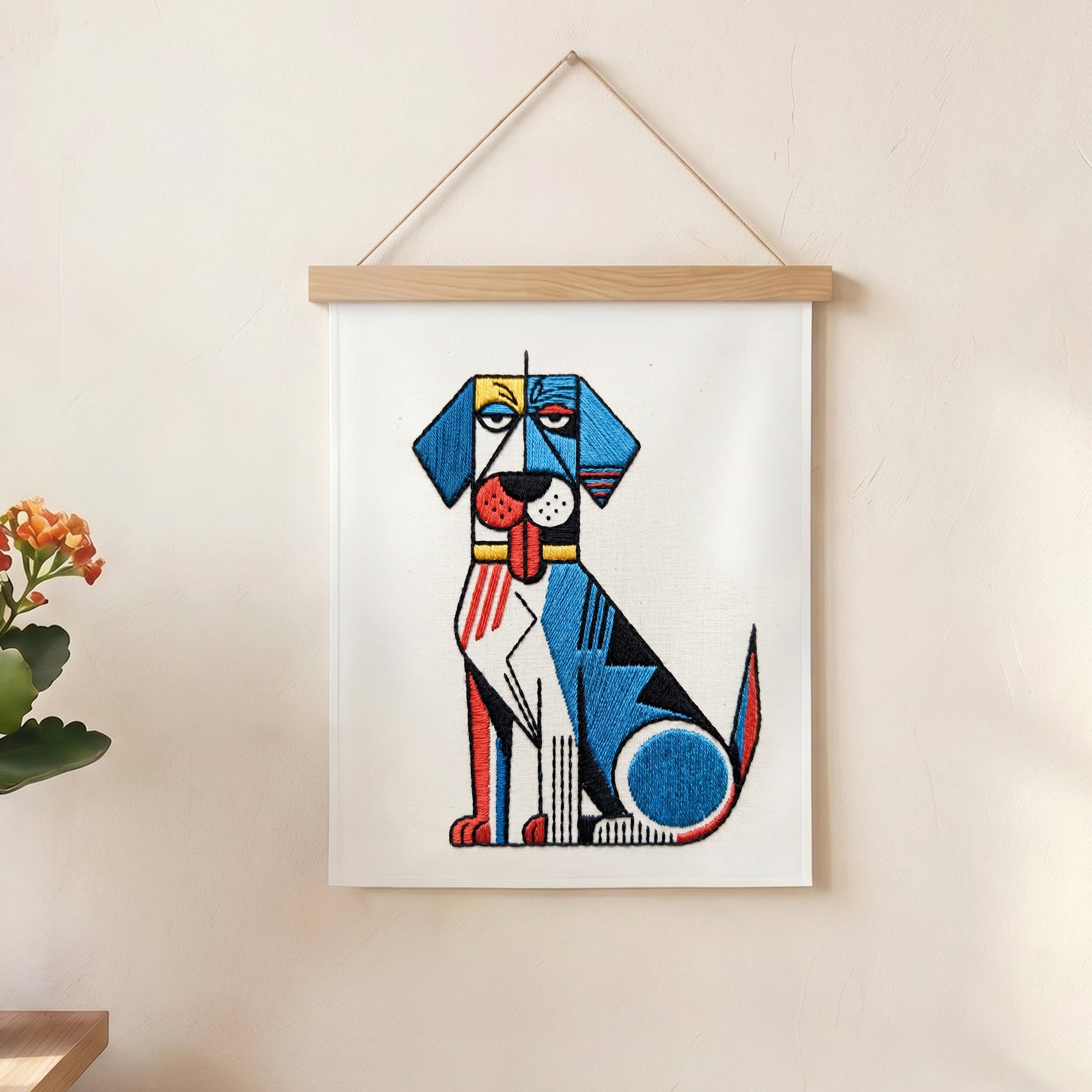 Embroidered geometric dog wall hanging for modern interiors in UAE.