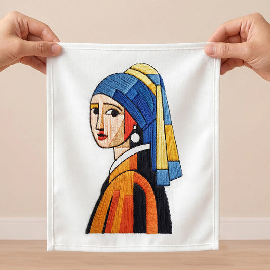 Modern embroidered girl portrait wall art hanging on white fabric