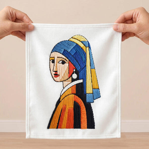 Modern embroidered girl portrait wall art hanging on white fabric