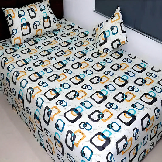 Modern cyan geometric print cotton bedsheet with pillow covers