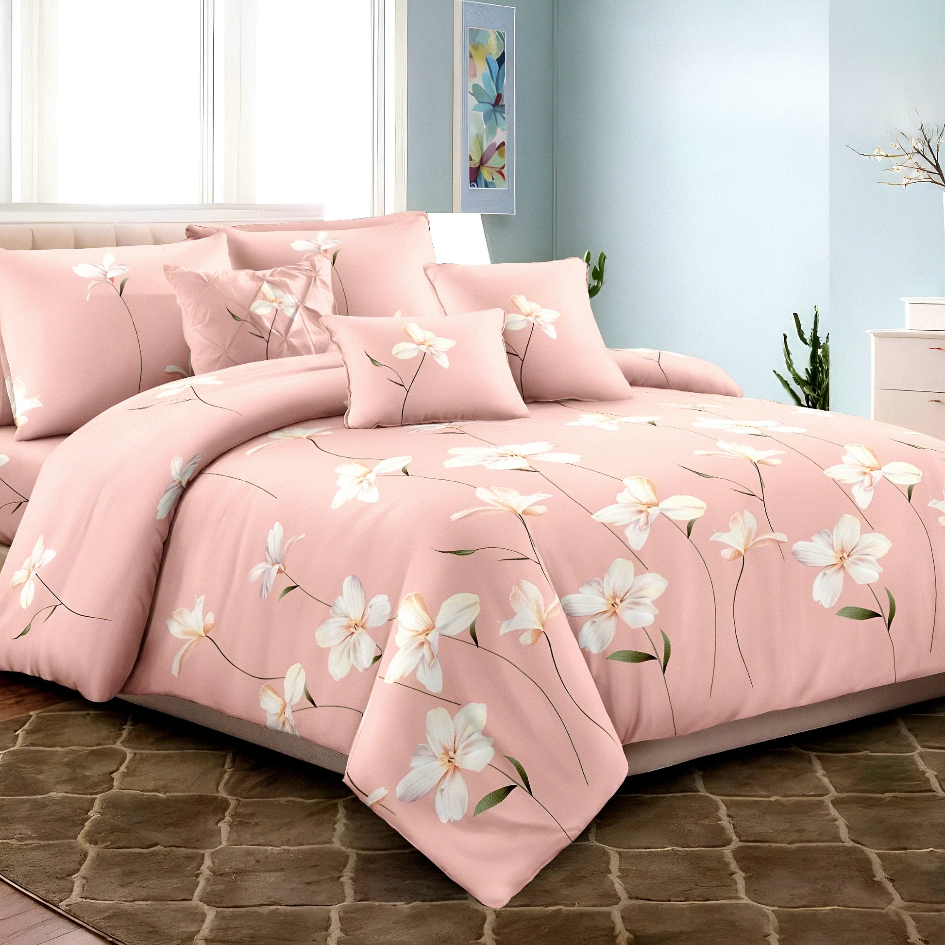 Soft cotton baby pink flower printed bedding set UAE