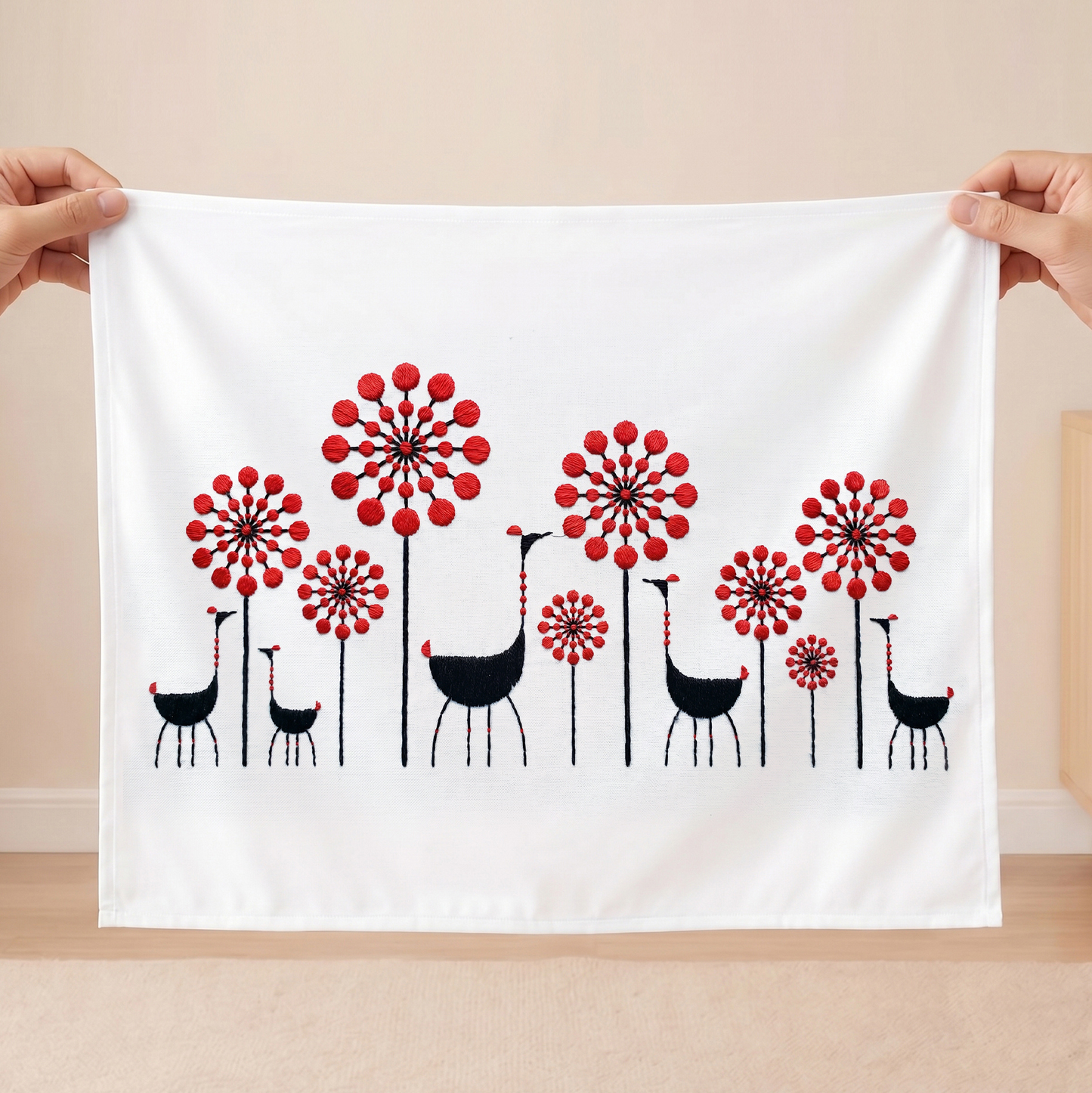 Handmade fabric wall art with red floral design and wooden hanging frame.