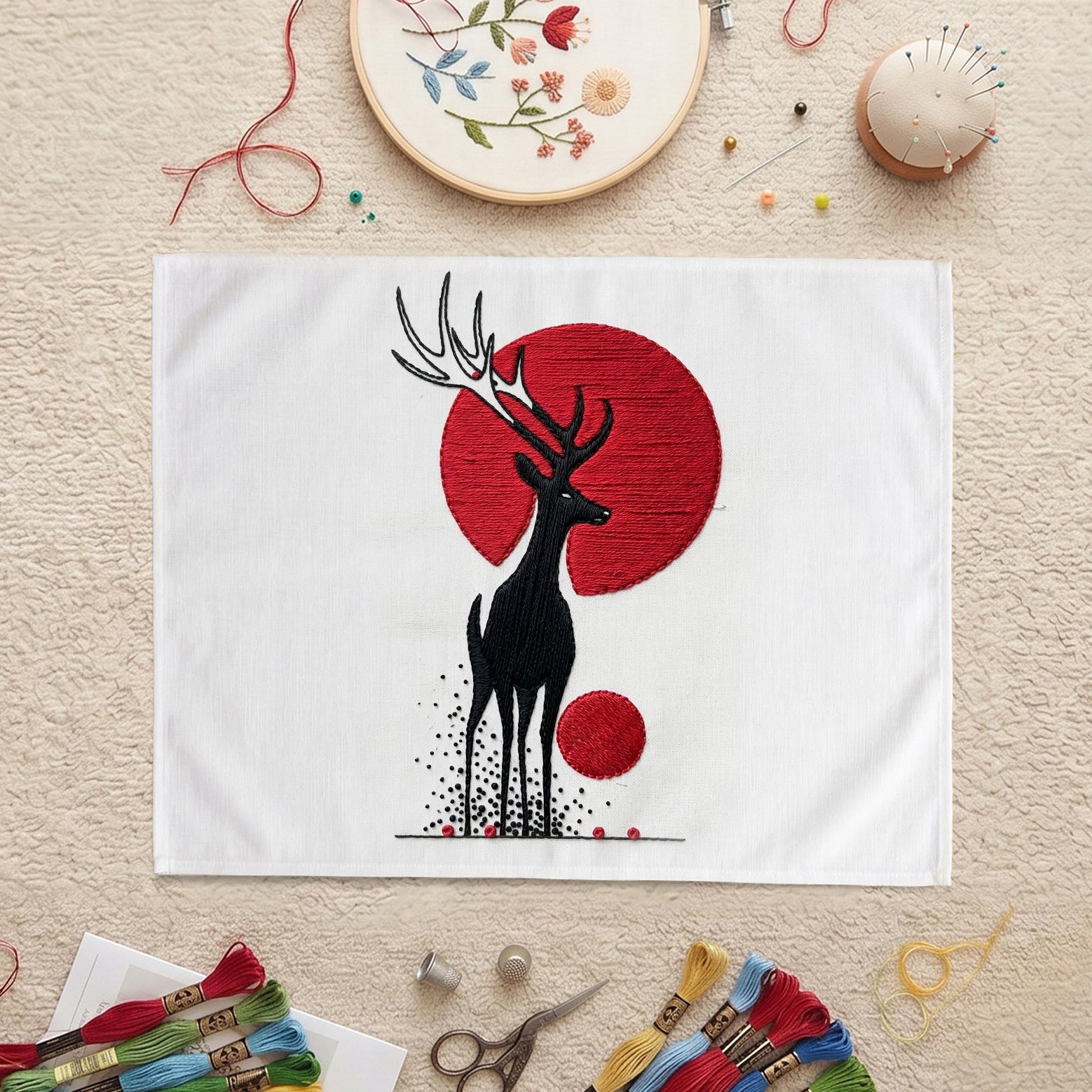 Contemporary embroidered deer wall décor for living room and bedroom interiors