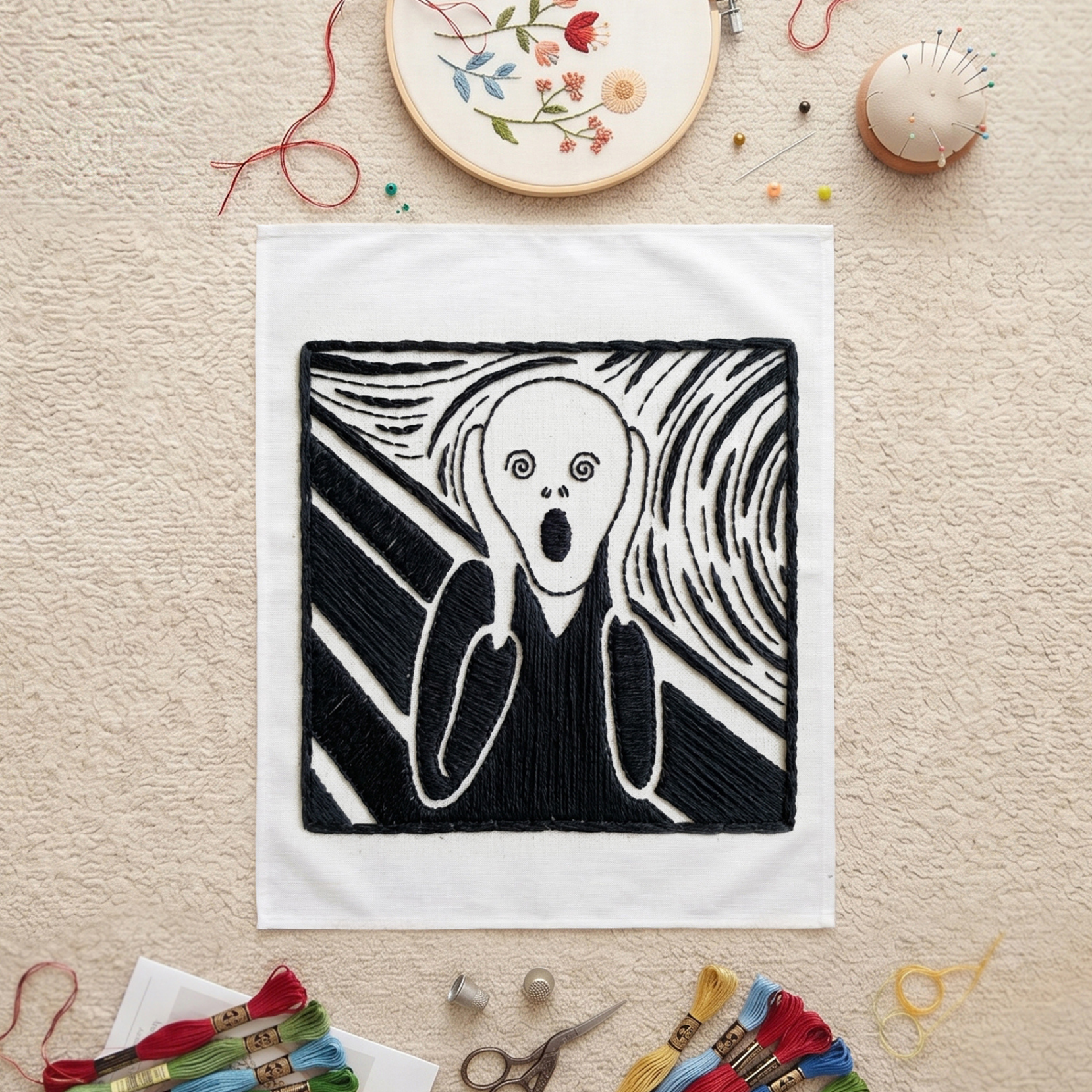 Abstract black and white embroidered wall art hanging for modern Dubai interiors.