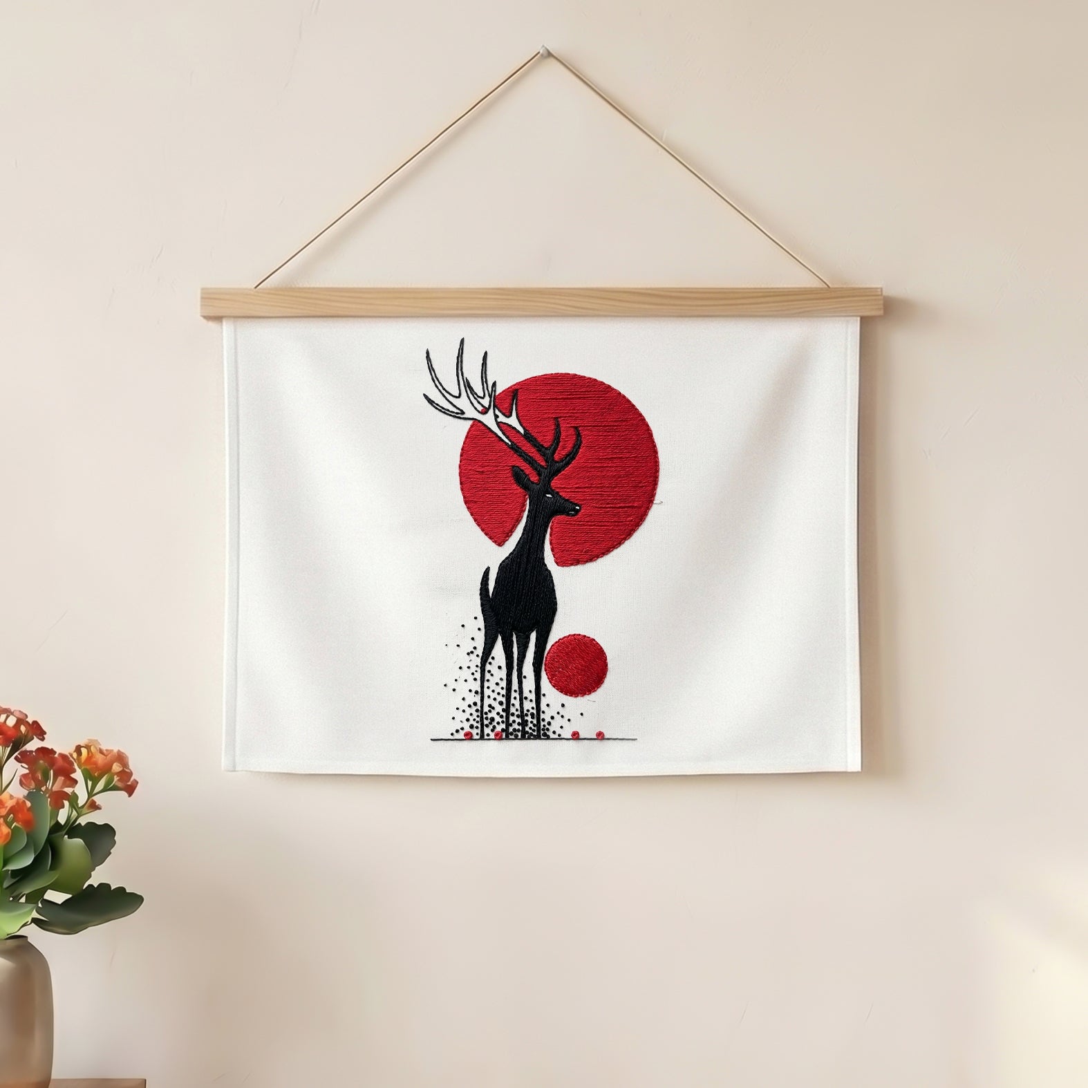 Luxury embroidered deer wall art with red sun design on white textile fabric