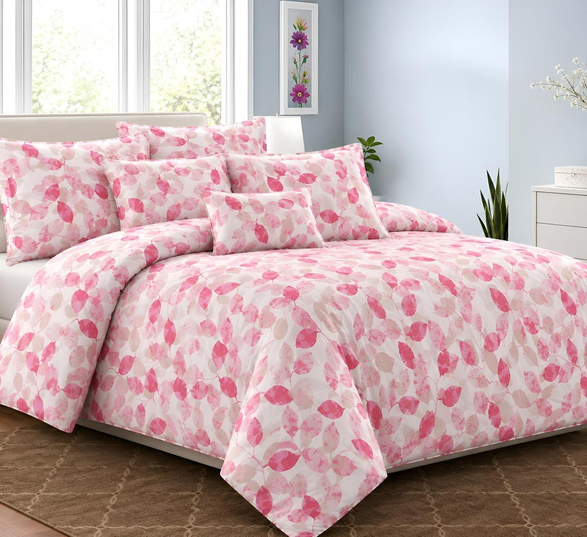 Pink watercolor leaf printed bedsheet set UAE — luxury soft cotton blend bedding Dubai | Julanar Home Decor